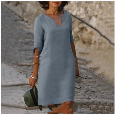 Cotton And Linen V-neck Dress Summer Stitching Retro High Waist Pure Color Dresses