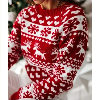Women Ugly Christmas Sweaters Winter Long Sleeve Knitted Sweater Elk Snowflake Print Knitted Jumpers Knitwear Casual Soft Jacquard Pullover Xmas Look