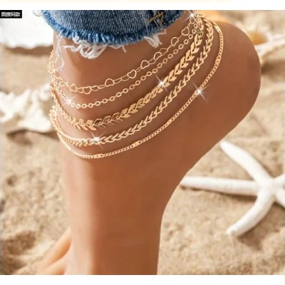 5Pcs Bohemian Airplane Chain Ankle Chain Fashion Design Heart-shaped Chain Anklets Women's Summer Beach On Foot Chain Jewelry