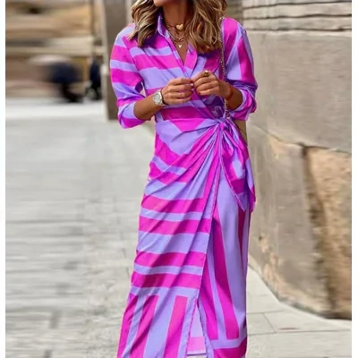 Fashion Printed Shirt Dress With Belt Slim Fit Three-quarter Sleeve Lapel Dress For Women Clothing