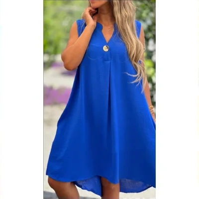 Summer V-neck Sleeveless Dress With Button Decoration Solid Color Casual Loose Straight Dresses Womens Clothing