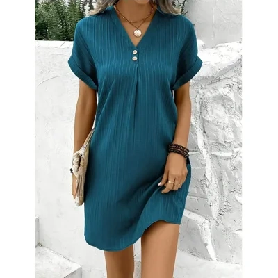 Fashion V-neck Short-sleeved Dress Casual Solid Strip Button Dresses Womens Clothing