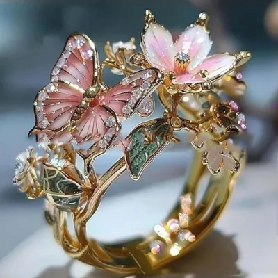 INS Flower Butterfly Ring With Rhinestones And Oil Dropping Design Fashion Personalized Jewelry For Women