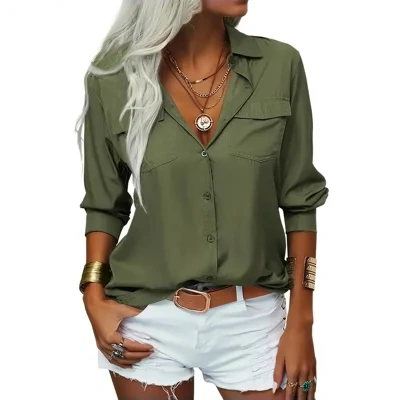 Women's Elegant Solid Chiffon Blouse Spring Summer Casual Long Sleeve V Neck Loose Shirt Office Lady Tunics Tops