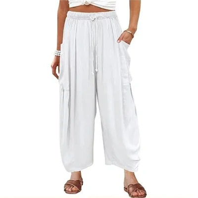 Fashion Wide Leg Pants Summer Loose Elastic High Waist Pleated Trousers Solid Color Womens Clothing