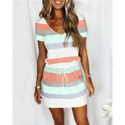 Striped Print Short-sleeved Dresses Summer Fashion V-neck Drawstring Design Short Dress Beach Womens Clothing