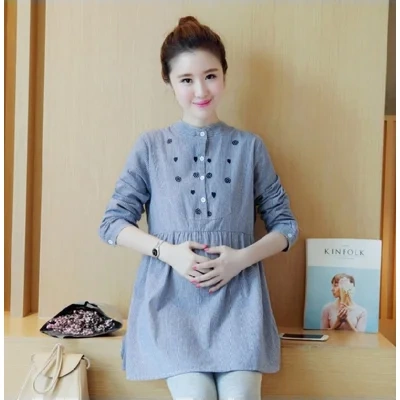 Maternity Dress Stand-up Collar Striped Embroidery Maternity Top