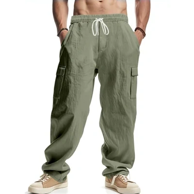 Men's Workwear Multi-pocket Straight Linen Pants Linen Four Seasons Thin Breathable Cargo Pants, Multi-pocket Loose Casual Trendy Wide-leg Pants