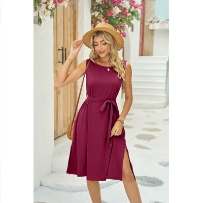 Summer Sleeveless Dress With Pockets Waist Lace-up Slits Dresses Fashion Womens Clothing