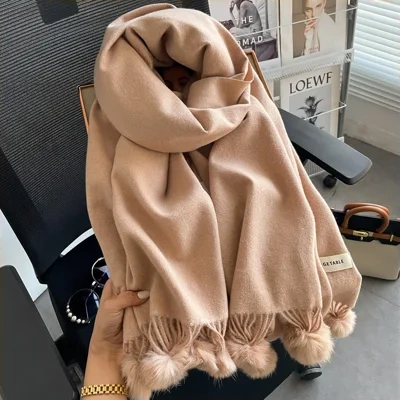 Beige Artificial Cashmere Scarf Fur Ball Winter Warm Tassel Shawl