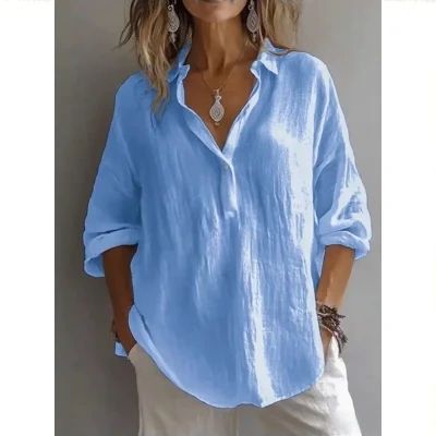 Fashion Long-sleeved Lapel Pullover Shirt Casual Loose Solid Color T-shirt Tops Women's Clothing