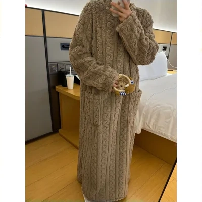 Winter Coral Fleece Sleepwear Women's Nightgown Long Night Dress Pajamas With Pockets Thickened Jacquard Dress Warm Home Clothes