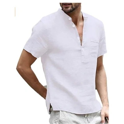 Casual Linen Solid Color Shirt Button V Neck Beach Shirt Men Summer Tops