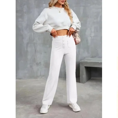 High Waist Trousers With Pockets Casual Loose Wide Leg Button Straight Pants Women's Clothing