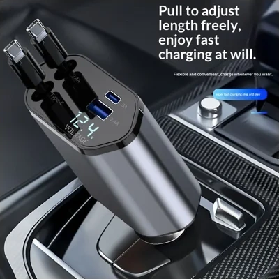 4 In 1 Retractable Car Charger Fast Car Phone Charger 120W With USB Type C Cable