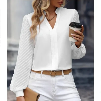 V-neck Long-sleeved Chiffon Shirt Lace Stitching Solid Color Tops Women Clothing