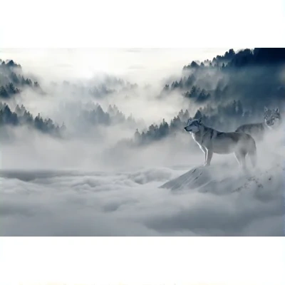 Wolf looking at mountain pattern tapestry