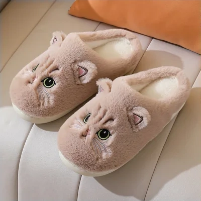 Cute Cat Plush Slippers Winter Warm Floor Bedroom Home Slippers For Couple Non-slip House Shoes Women Men
