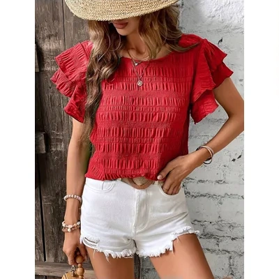 Summer Ruffled Short-sleeved T-shirt Casual Round Neck Pleated Design Top For Women Clothing