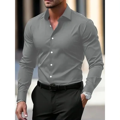 Men's Shirt Business Button Down Shirt Summer Solid Color Long Sleeve Lapel Vacation Shirt Fashion Temperament Casual Tops