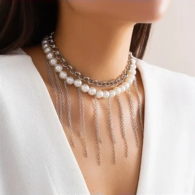 Pearl Tassel Fun Design Double-layer Retro Necklace Women's Accessories