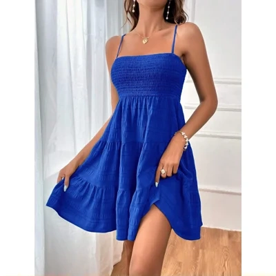 Summer Square-collar Suspender Pleated Dress Fashion Solid Color Beach Dresses For Womens Clothing