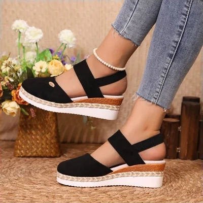 Hemp Rope Wedges Sandals Summer Lightweight Braided Closed Toe Elastic Band Shoes For Women