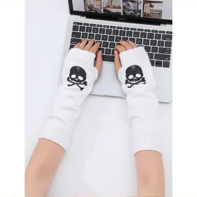 Candy Color Neon Halloween Skull Print Long Fingerless Knit Gloves Arm Warmer