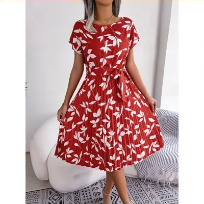 Leaf Print Dress Women Short Sleeve Lace-up Skirt Summer Beach Dress