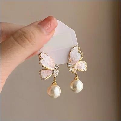 Gradient Butterfly Pearl Earrings With Rhinestones Luxury Personalized Earrings For Women Jewelry
