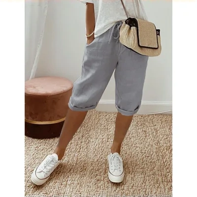 Women's Cotton And Linen Pocket Elasticated Slacks Women's Fifth Pants
