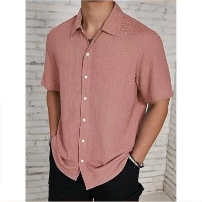 Men's Solid Color Short Sleeve Shirt Fashion Casual Button Lapel Tops Clothing