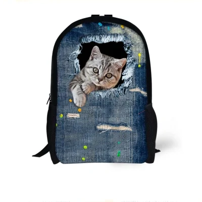FORUDESIGNS Cat Backpack Cute 3D Animal Denim Backpacks for Children Boys Girls Casual Kids School Bag Mochila Travel Backpack