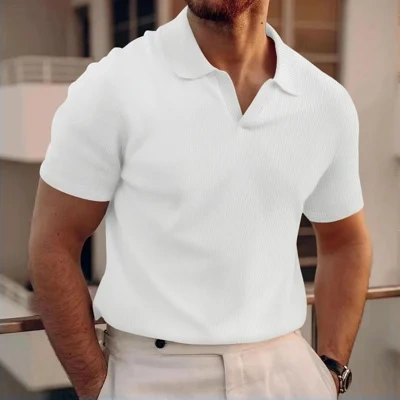 INS Waffle Lapel Short-sleeved T-shirt Summer Fashion Solid Color V-neck Polo Shirt Tops Men's Clothing