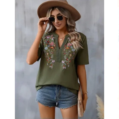 Fashion Flowers Embroidery Short Sleeve T-shirt Summer Stitching Lace-collared Blouse Womens Clothing