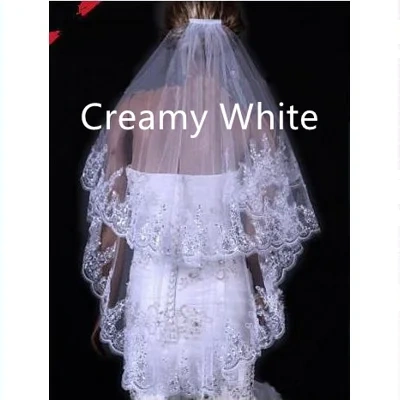 Bridal Sequined Polyester Veil Face Cover Two Layers Lace Sideband