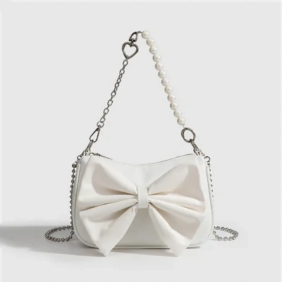 Black White PU Bow Handbags Autumn Winter Ladies Underarm Tote Bags Fashion Simple Pearl Chain Shoulder Bag Small Purse
