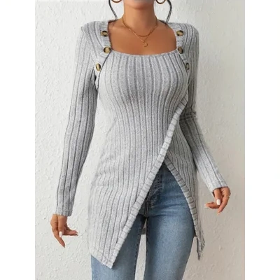 Square Collar Irregular Knitted Top With Button Design Fashion Solid Long-sleeved Long Top For Women Clothing