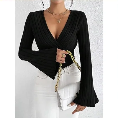 Women's Autumn And Winter Rib Sunken Stripe V-neck Flared Slim-fit Long Sleeve T-shirt Elegant Women's Top