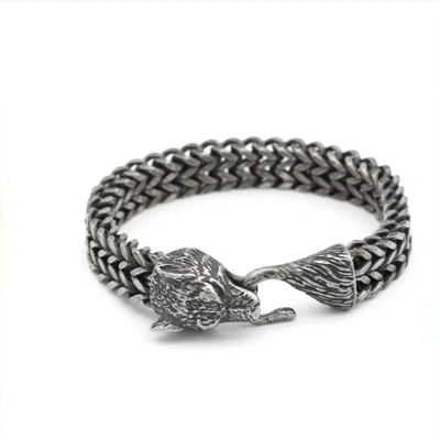 Bracelet Men Stainless Steel Vintage Black Wolf Head Cuban Chain Hand Wristband Male Fashion Jewelry Wholesale Accessories Gifts
