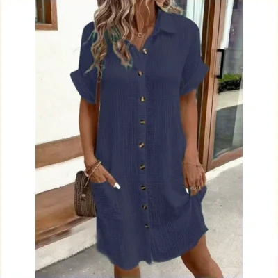 Summer Short Sleeve Shirt Dress Fashion Solid Color Single-breasted Mid-length Loose Dress
