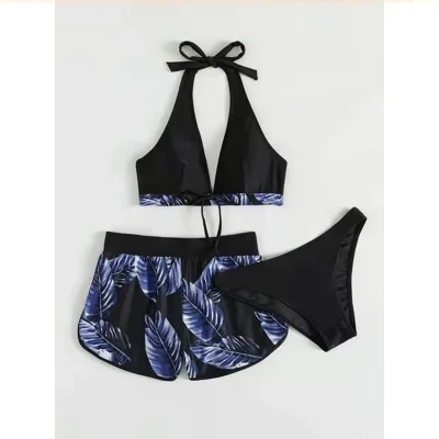 3pcs Leaf Print Bikini With Shorts Fashion Summer Beach Swimsuit Womens Clothing