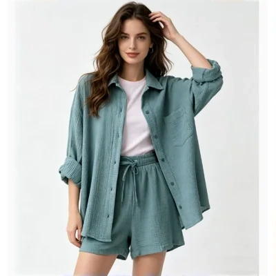 Women's Wrinkled Fabric Lapel Long Sleeved Shirt Shorts Fashion Casual Set