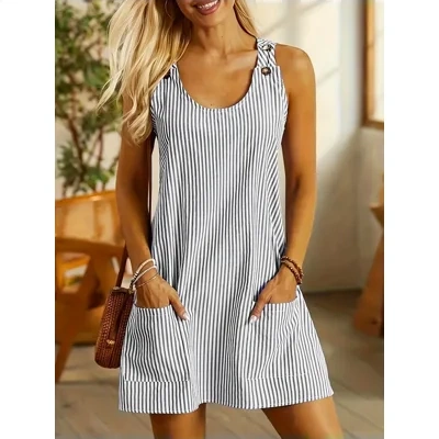Summer Fashion Striped Patchwork Commuting U-Neck Sleeveless Pockets Back Button Casual Straight Slimming Mini Dress For Women