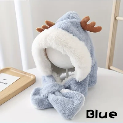 Cute Deer Hat Women Plush Rabbit Ear Funny Lolita Sweet Kawaii Winter Fluffy Fleece Warm Hat Plush Winter Thickened Cute Antlers Baby Hat With Scarf