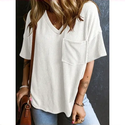 Fashionable Two-tone Pullover Short Sleeve V-neck Top For Women