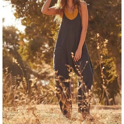 Summer Women's Loose Sleeveless Jumpsuits Spaghetti Strap Long Pant Romper Jumpsuit With Pockets Zipper