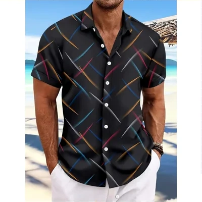 Summer New Men's Striped Feather Casual Beach Short Sleeve Button Shirt