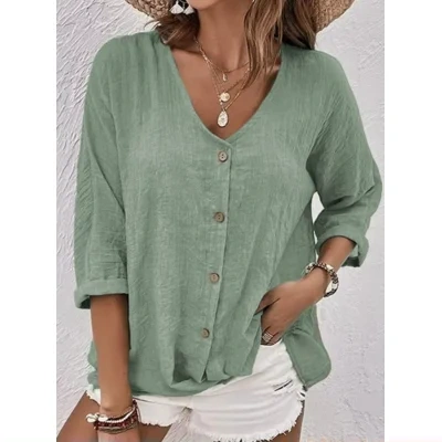 V-neck Long-sleeved T-shirt Fashion Solid Color Button Top Casual Loose Clothing For Women