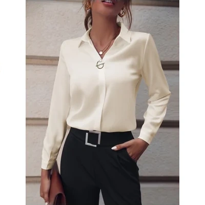 Commuter V-neck Long-sleeved Shirts Ins Fashion Solid Color Pullover Top Autumn And Spring Women's Clothing